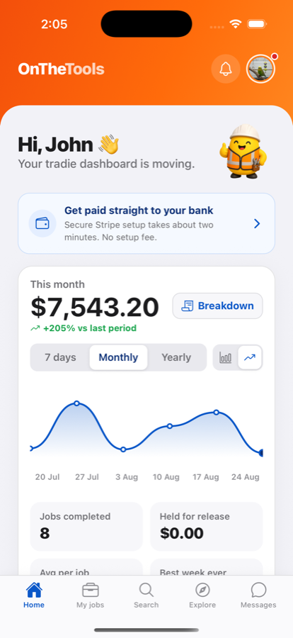 A tradie's OnTheTools earnings dashboard showing $7,543 this month