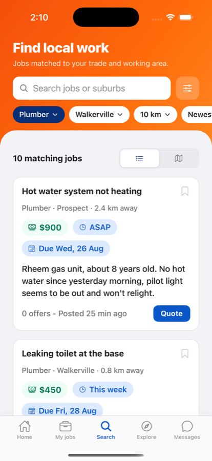 Browsing local trade jobs with budgets and distances